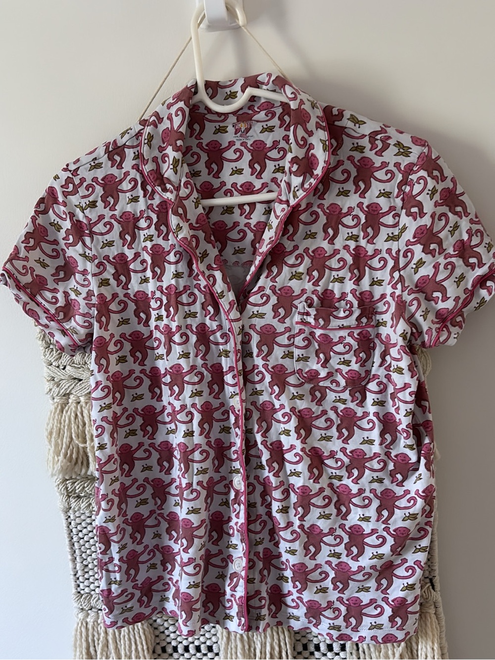 Roller Rabbit Short Sleeve Pajama Top Original Pink Monkey Pima Cotton Medium